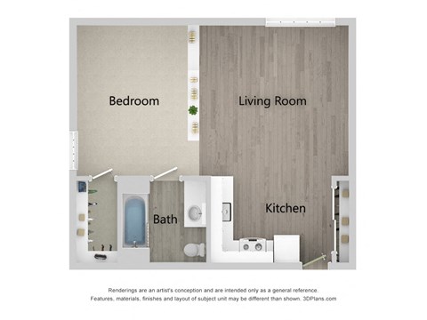 Floor plan for studio, 1 bath, 600 sqft